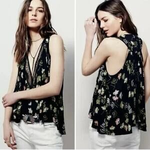 Free People Top S/P Black Floral Love Potion Linen Blend Lace Boho Fairy